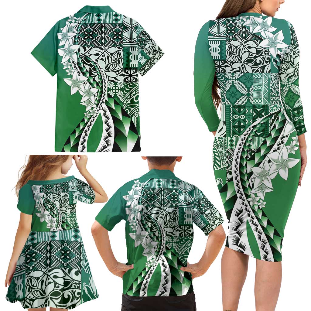 Aloha Vintage Plumeria Hawaiian Tapa Pattern Family Matching Long Sleeve Bodycon Dress and Hawaiian Shirt Green Hawaiian Tapa Pattern LT9 - Polynesian Pride