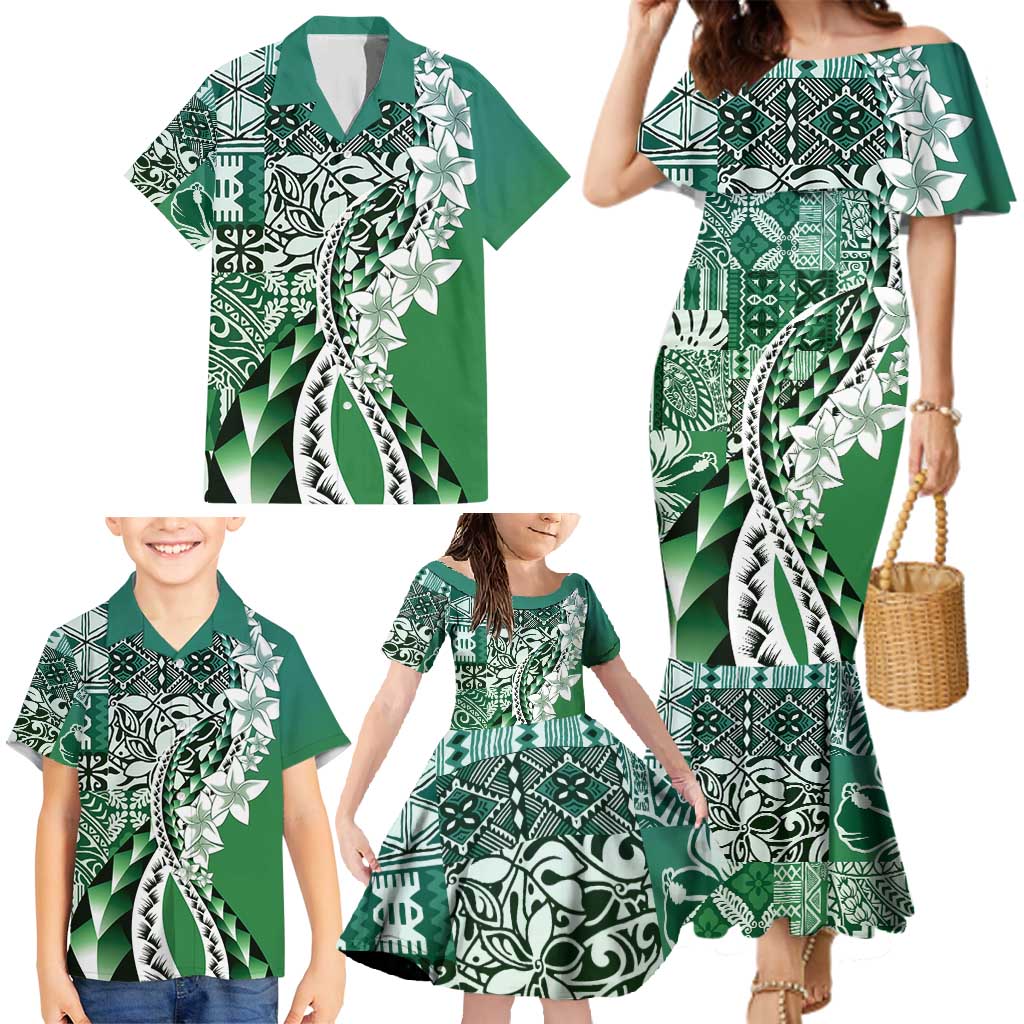 Aloha Vintage Plumeria Hawaiian Tapa Pattern Family Matching Mermaid Dress and Hawaiian Shirt Green Hawaiian Tapa Pattern LT9 - Polynesian Pride