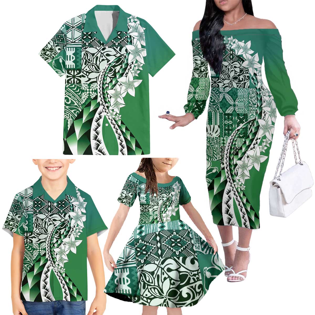 Aloha Vintage Plumeria Hawaiian Tapa Pattern Family Matching Off The Shoulder Long Sleeve Dress and Hawaiian Shirt Green Hawaiian Tapa Pattern LT9 - Polynesian Pride