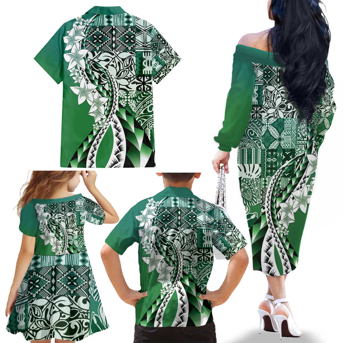Aloha Vintage Plumeria Hawaiian Tapa Pattern Family Matching Off The Shoulder Long Sleeve Dress and Hawaiian Shirt Green Hawaiian Tapa Pattern LT9 - Polynesian Pride