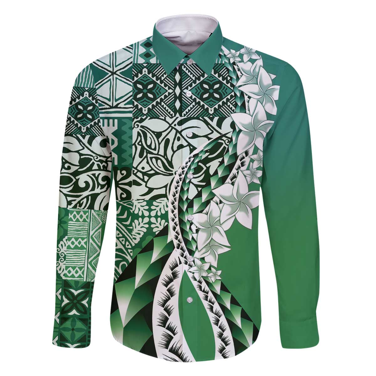Aloha Vintage Plumeria Hawaiian Tapa Pattern Family Matching Off The Shoulder Long Sleeve Dress and Hawaiian Shirt Green Hawaiian Tapa Pattern LT9 Dad's Shirt - Long Sleeve Green - Polynesian Pride