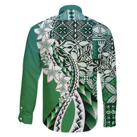 Aloha Vintage Plumeria Hawaiian Tapa Pattern Family Matching Off The Shoulder Long Sleeve Dress and Hawaiian Shirt Green Hawaiian Tapa Pattern LT9 - Polynesian Pride