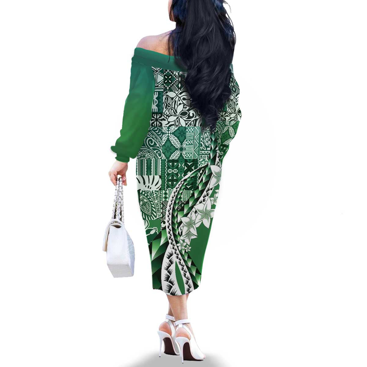 Aloha Vintage Plumeria Hawaiian Tapa Pattern Family Matching Off The Shoulder Long Sleeve Dress and Hawaiian Shirt Green Hawaiian Tapa Pattern LT9 - Polynesian Pride