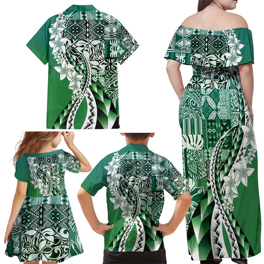 Aloha Vintage Plumeria Hawaiian Tapa Pattern Family Matching Off Shoulder Maxi Dress and Hawaiian Shirt Green Hawaiian Tapa Pattern LT9 - Polynesian Pride