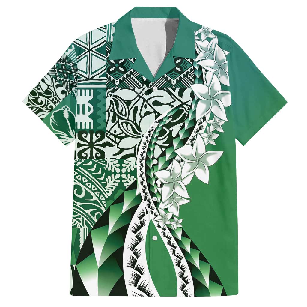 Aloha Vintage Plumeria Hawaiian Tapa Pattern Family Matching Off Shoulder Maxi Dress and Hawaiian Shirt Green Hawaiian Tapa Pattern LT9 Dad's Shirt - Short Sleeve Green - Polynesian Pride