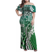 Aloha Vintage Plumeria Hawaiian Tapa Pattern Family Matching Off Shoulder Maxi Dress and Hawaiian Shirt Green Hawaiian Tapa Pattern LT9 Mom's Dress Green - Polynesian Pride