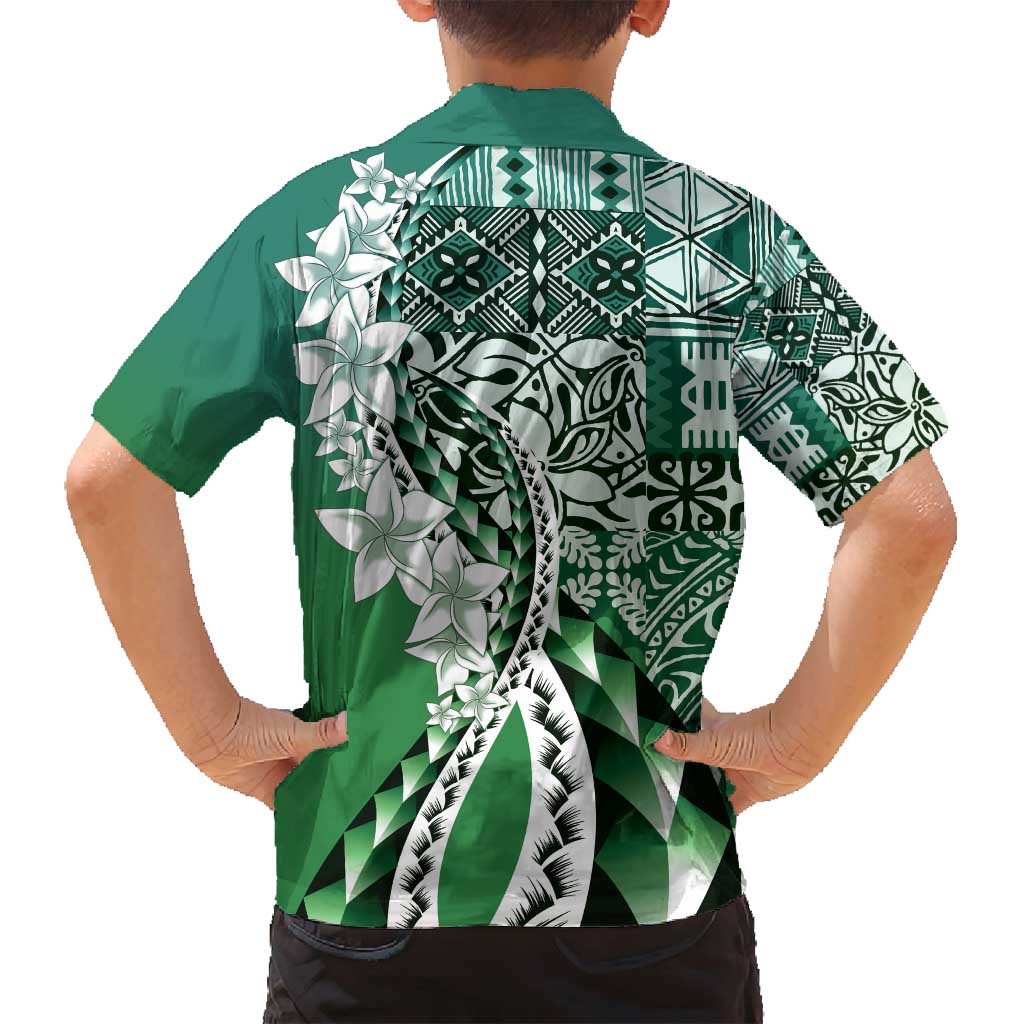Aloha Vintage Plumeria Hawaiian Tapa Pattern Family Matching Off Shoulder Short Dress and Hawaiian Shirt Green Hawaiian Tapa Pattern LT9 - Polynesian Pride