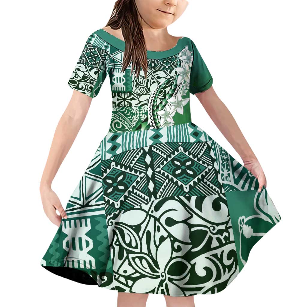 Aloha Vintage Plumeria Hawaiian Tapa Pattern Family Matching Off Shoulder Short Dress and Hawaiian Shirt Green Hawaiian Tapa Pattern LT9 Daughter's Dress Green - Polynesian Pride