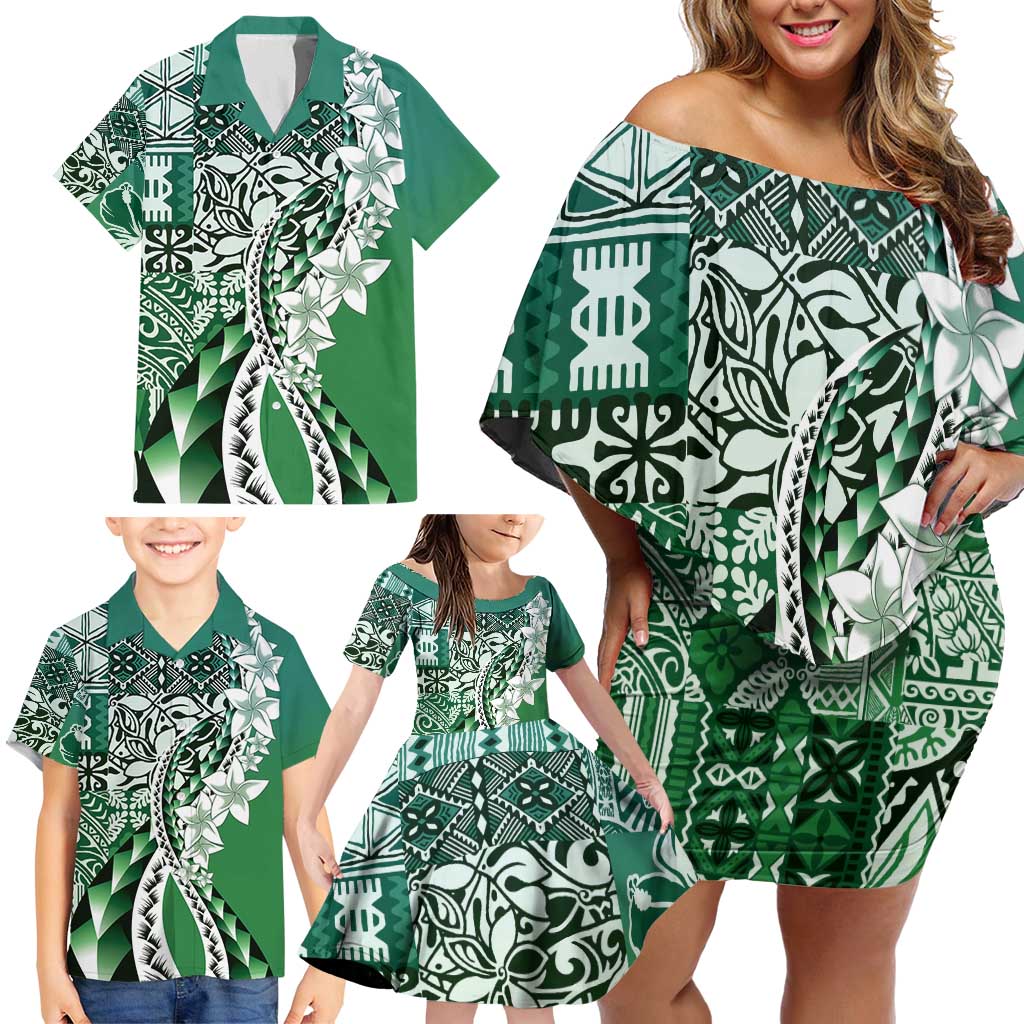 Aloha Vintage Plumeria Hawaiian Tapa Pattern Family Matching Off Shoulder Short Dress and Hawaiian Shirt Green Hawaiian Tapa Pattern LT9 - Polynesian Pride