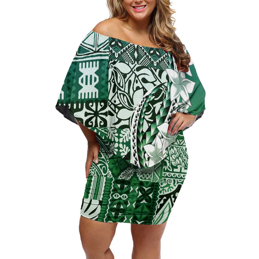 Aloha Vintage Plumeria Hawaiian Tapa Pattern Family Matching Off Shoulder Short Dress and Hawaiian Shirt Green Hawaiian Tapa Pattern LT9 Mom's Dress Green - Polynesian Pride