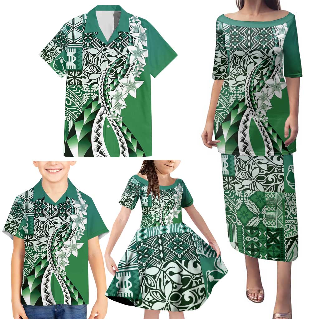 Aloha Vintage Plumeria Hawaiian Tapa Pattern Family Matching Puletasi and Hawaiian Shirt Green Hawaiian Tapa Pattern LT9 - Polynesian Pride