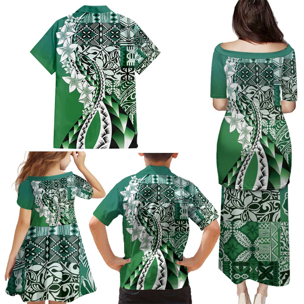 Aloha Vintage Plumeria Hawaiian Tapa Pattern Family Matching Puletasi and Hawaiian Shirt Green Hawaiian Tapa Pattern LT9 - Polynesian Pride