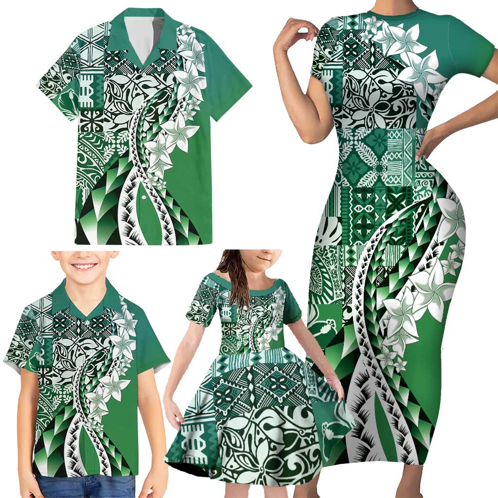 Aloha Vintage Plumeria Hawaiian Tapa Pattern Family Matching Short Sleeve Bodycon Dress and Hawaiian Shirt Green Hawaiian Tapa Pattern LT9 - Polynesian Pride