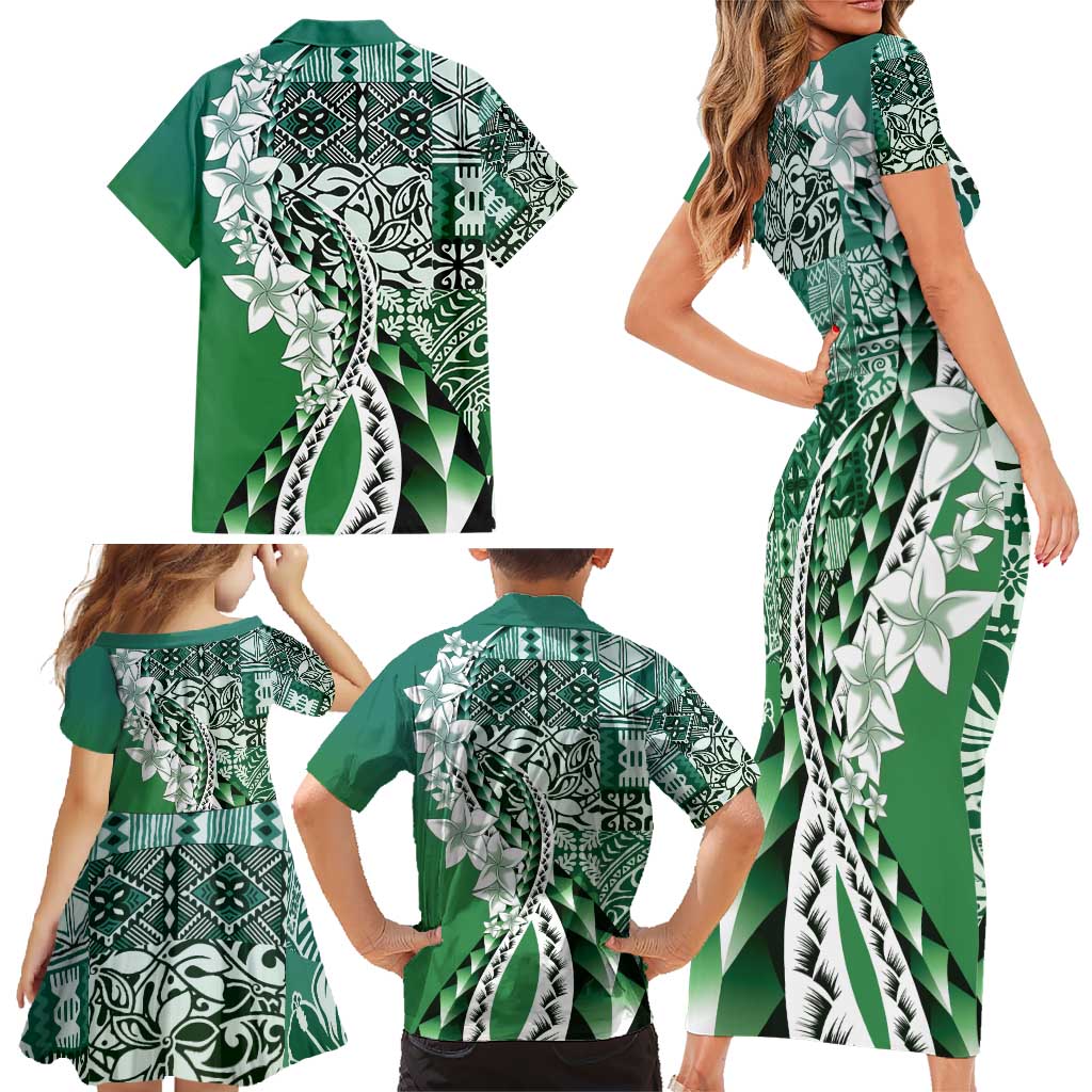 Aloha Vintage Plumeria Hawaiian Tapa Pattern Family Matching Short Sleeve Bodycon Dress and Hawaiian Shirt Green Hawaiian Tapa Pattern LT9 - Polynesian Pride
