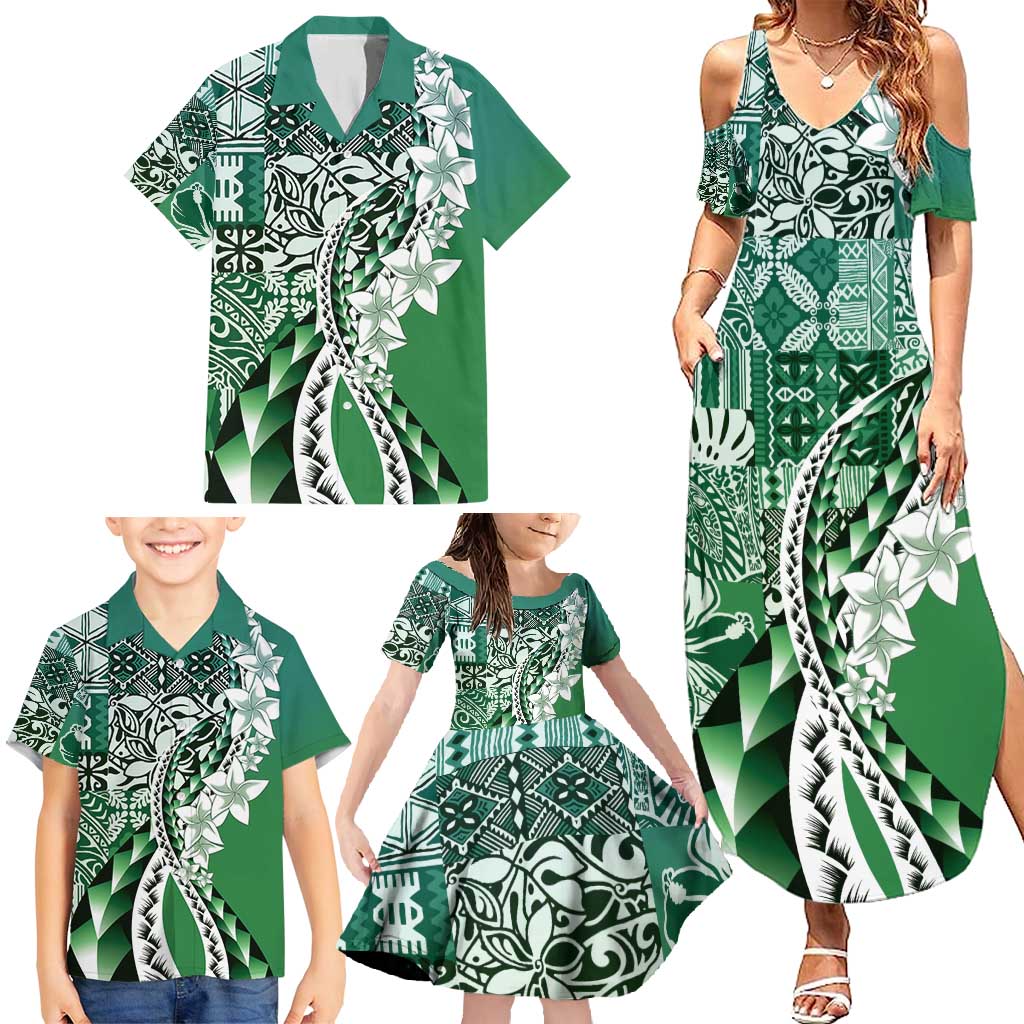 Aloha Vintage Plumeria Hawaiian Tapa Pattern Family Matching Summer Maxi Dress and Hawaiian Shirt Green Hawaiian Tapa Pattern LT9 - Polynesian Pride