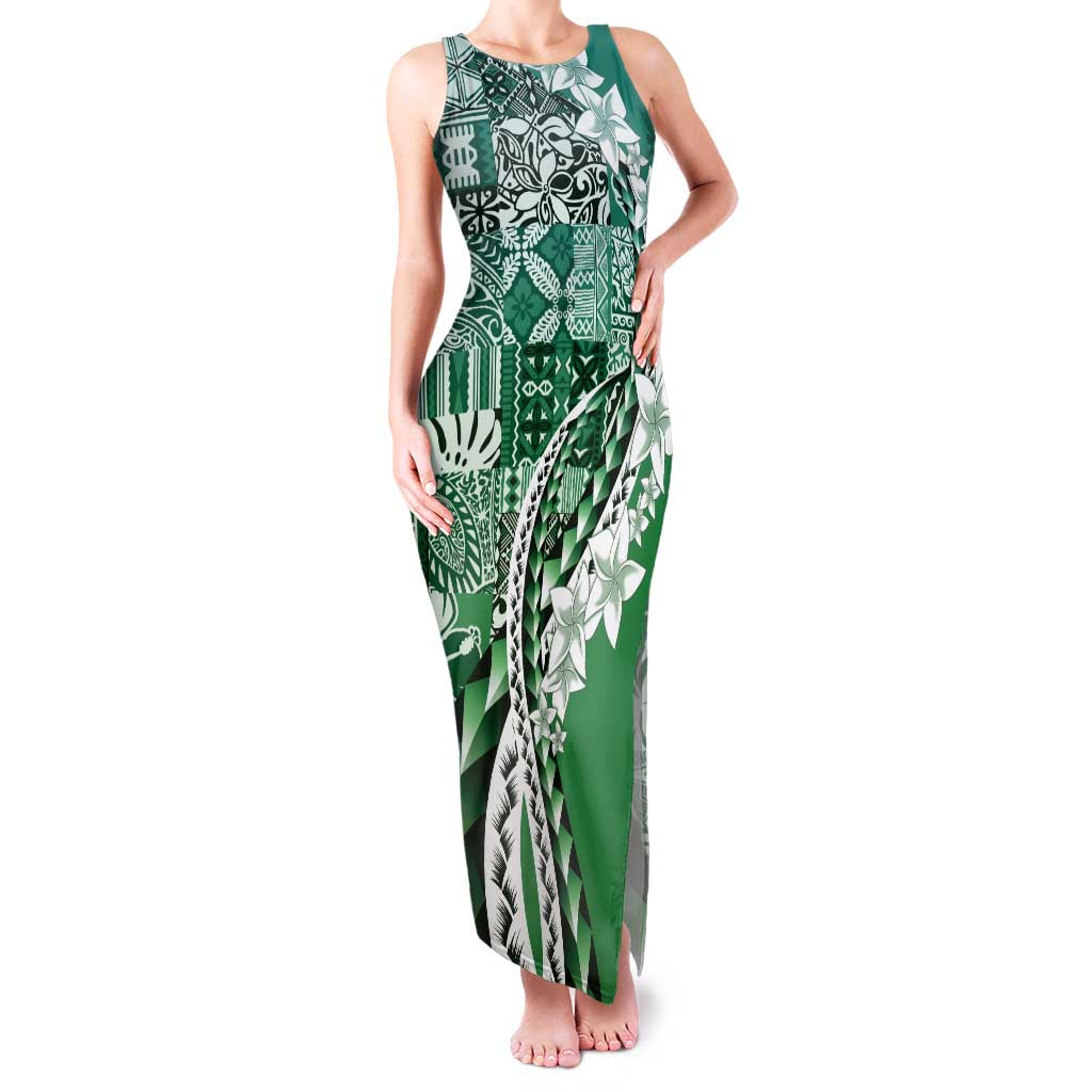 Aloha Vintage Plumeria Hawaiian Tapa Pattern Family Matching Tank Maxi Dress and Hawaiian Shirt Green Hawaiian Tapa Pattern LT9 Mom's Dress Green - Polynesian Pride