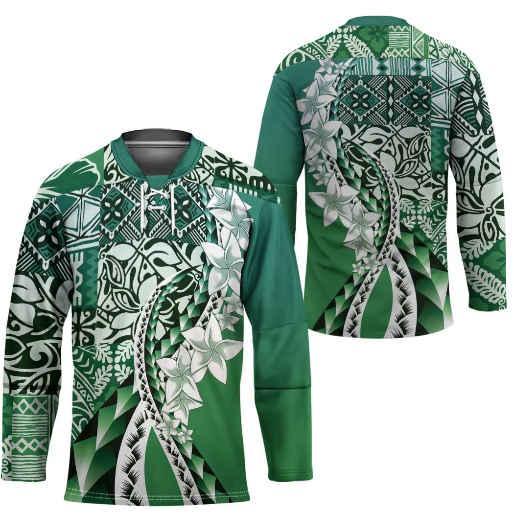 Aloha Vintage Plumeria Hawaiian Tapa Pattern Hockey Jersey Green Hawaiian Tapa Pattern - Polynesian Pride