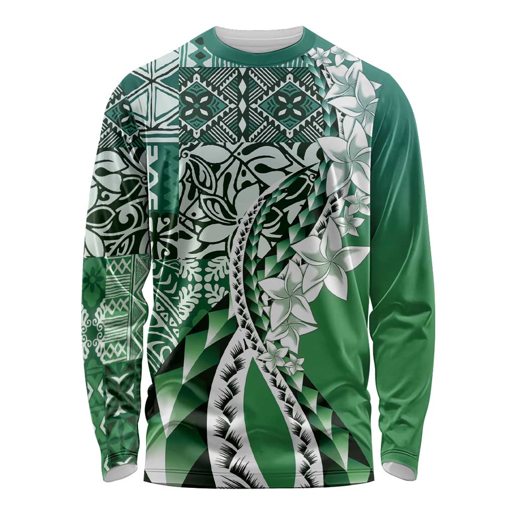 Aloha Vintage Plumeria Hawaiian Tapa Pattern Long Sleeve Shirt Green Hawaiian Tapa Pattern LT9 Unisex Green - Polynesian Pride