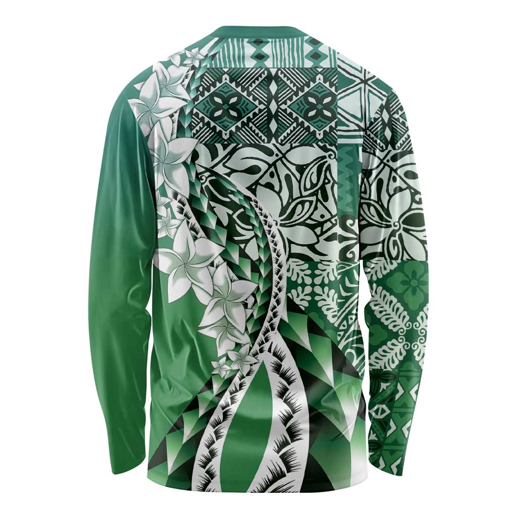 Aloha Vintage Plumeria Hawaiian Tapa Pattern Long Sleeve Shirt Green Hawaiian Tapa Pattern LT9 - Polynesian Pride