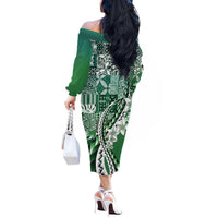 Aloha Vintage Plumeria Hawaiian Tapa Pattern Off The Shoulder Long Sleeve Dress Green Hawaiian Tapa Pattern LT9 - Polynesian Pride