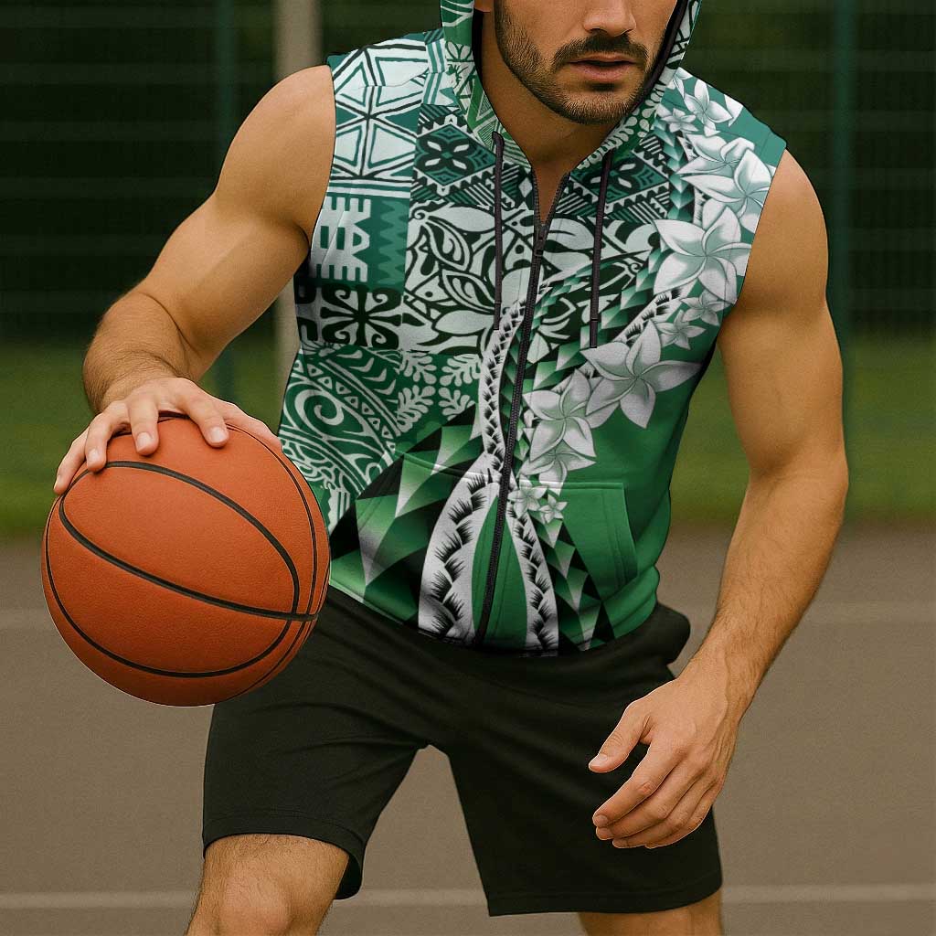 Aloha Vintage Plumeria Hawaiian Tapa Pattern Sleeveless Zip Hoodie Green Hawaiian Tapa Pattern LT9