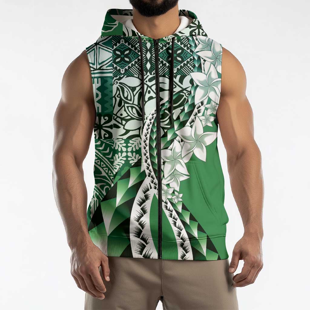 Aloha Vintage Plumeria Hawaiian Tapa Pattern Sleeveless Zip Hoodie Green Hawaiian Tapa Pattern LT9