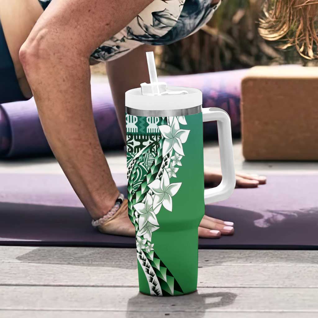 Aloha Vintage Plumeria Hawaiian Tapa Pattern Tumbler With Handle Green Hawaiian Tapa Pattern - Polynesian Pride