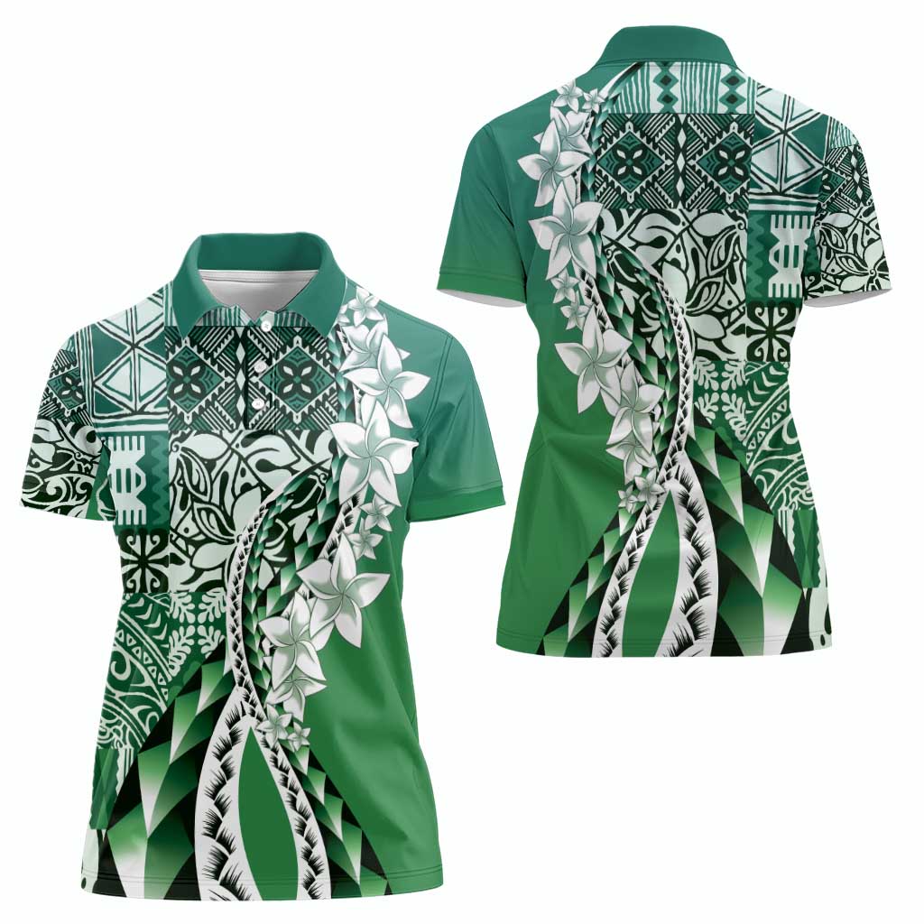 Aloha Vintage Plumeria Hawaiian Tapa Pattern Women Polo Shirt Green Hawaiian Tapa Pattern - Polynesian Pride