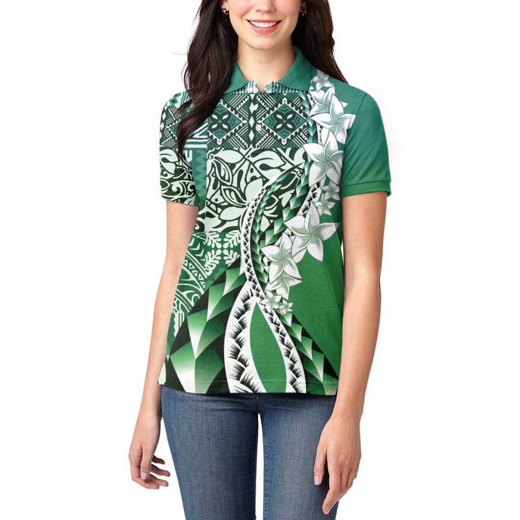 Aloha Vintage Plumeria Hawaiian Tapa Pattern Women Polo Shirt Green Hawaiian Tapa Pattern - Polynesian Pride