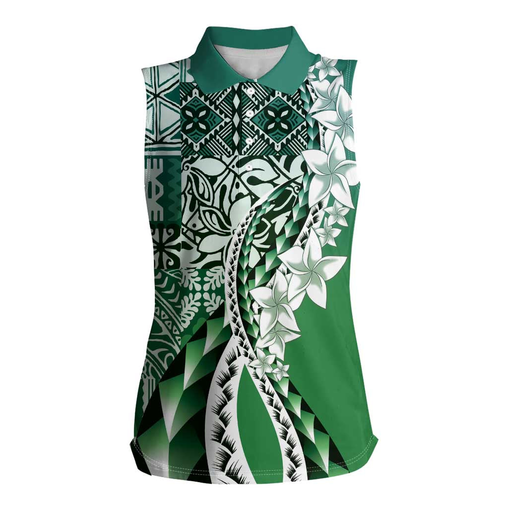 Aloha Vintage Plumeria Hawaiian Tapa Pattern Women Sleeveless Polo Shirt Green Hawaiian Tapa Pattern LT9 Female Green - Polynesian Pride