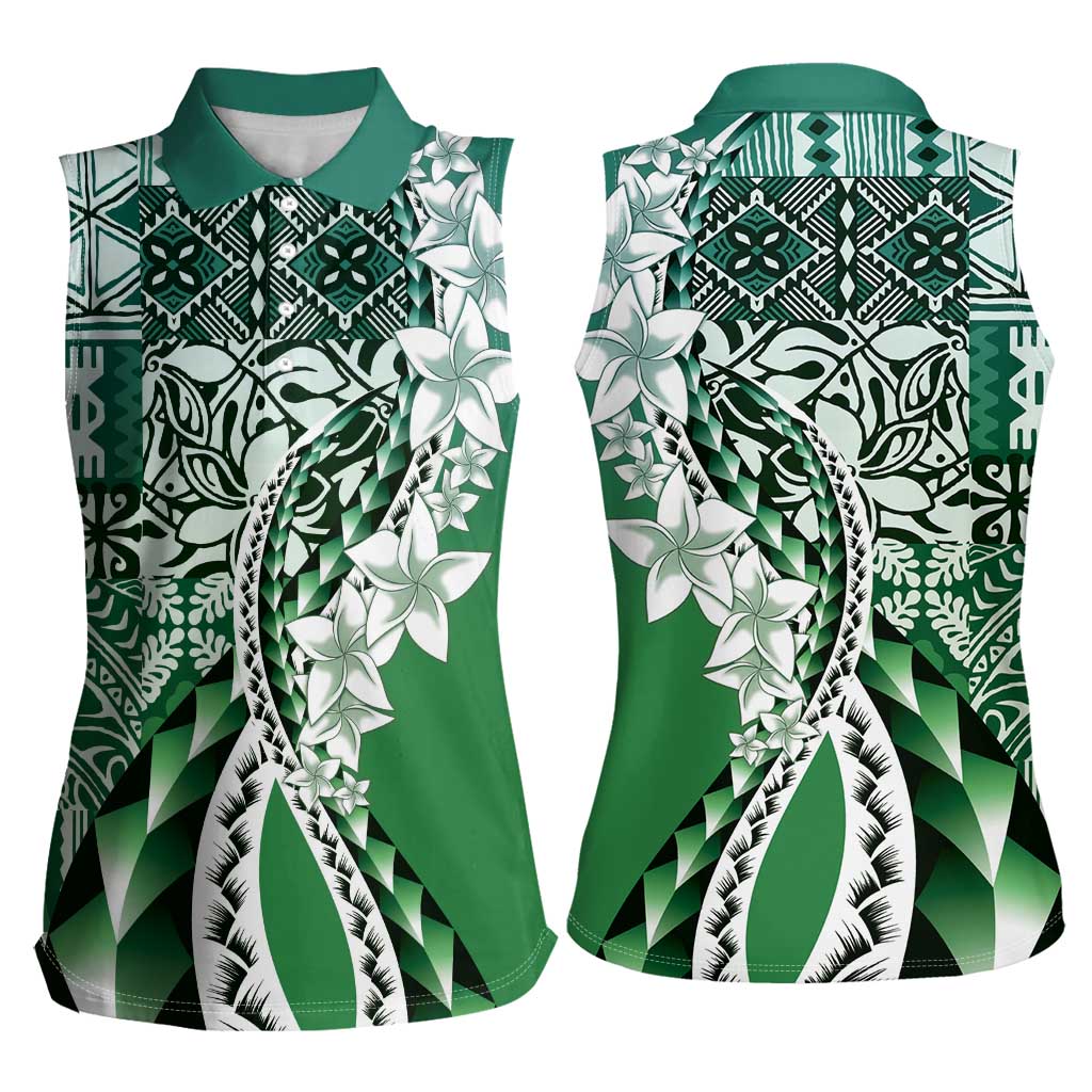 Aloha Vintage Plumeria Hawaiian Tapa Pattern Women Sleeveless Polo Shirt Green Hawaiian Tapa Pattern LT9 - Polynesian Pride