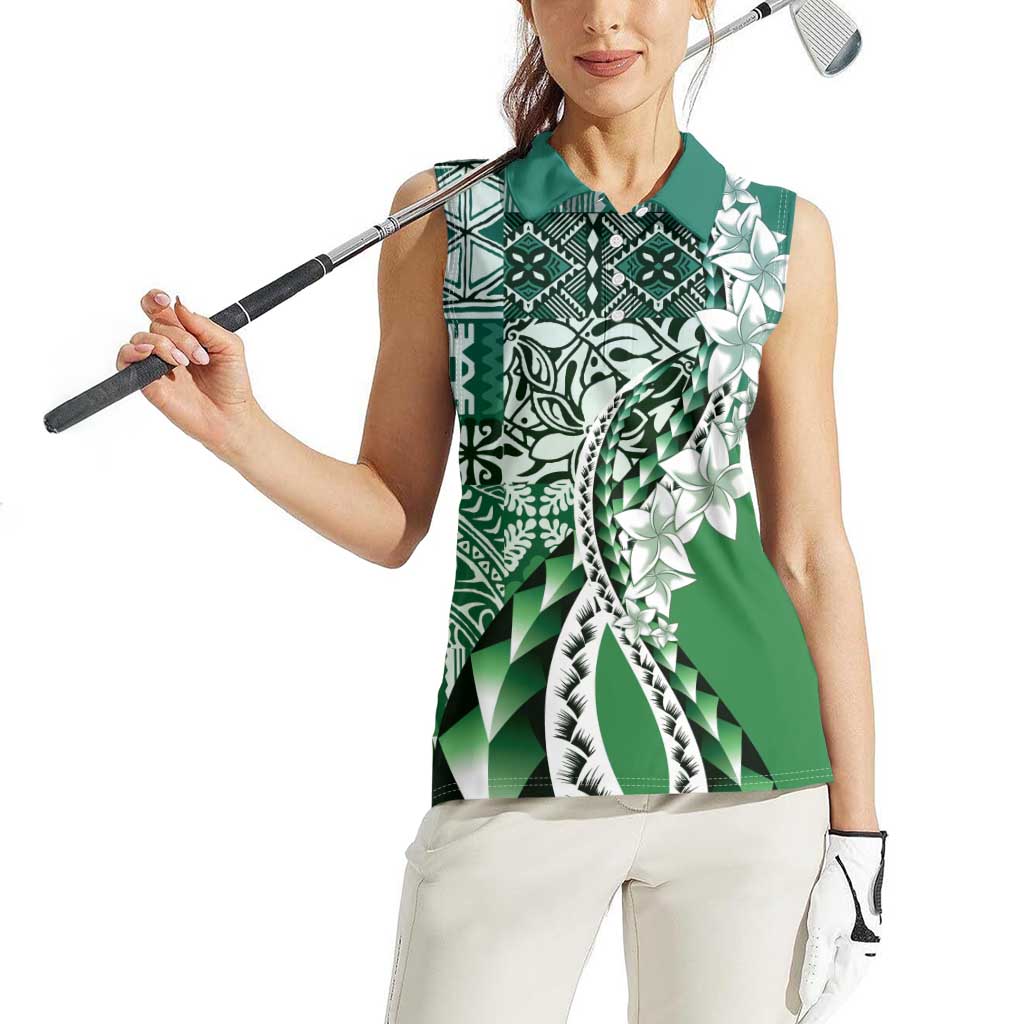 Aloha Vintage Plumeria Hawaiian Tapa Pattern Women Sleeveless Polo Shirt Green Hawaiian Tapa Pattern LT9 - Polynesian Pride