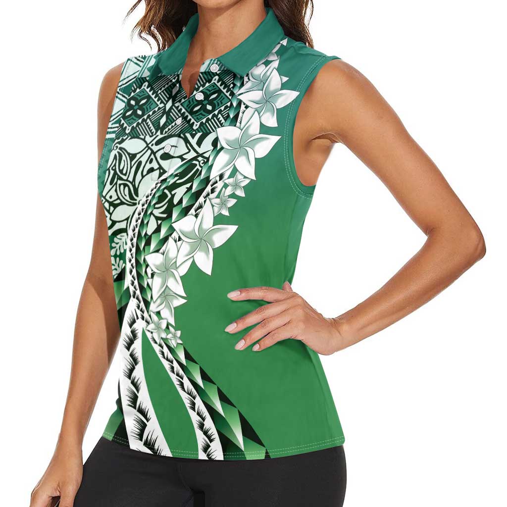 Aloha Vintage Plumeria Hawaiian Tapa Pattern Women Sleeveless Polo Shirt Green Hawaiian Tapa Pattern LT9 - Polynesian Pride