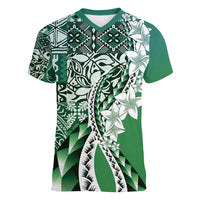 Aloha Vintage Plumeria Hawaiian Tapa Pattern Women V-Neck T-Shirt Green Hawaiian Tapa Pattern LT9 Female Green - Polynesian Pride