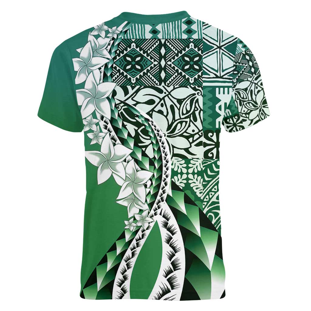 Aloha Vintage Plumeria Hawaiian Tapa Pattern Women V-Neck T-Shirt Green Hawaiian Tapa Pattern LT9 - Polynesian Pride