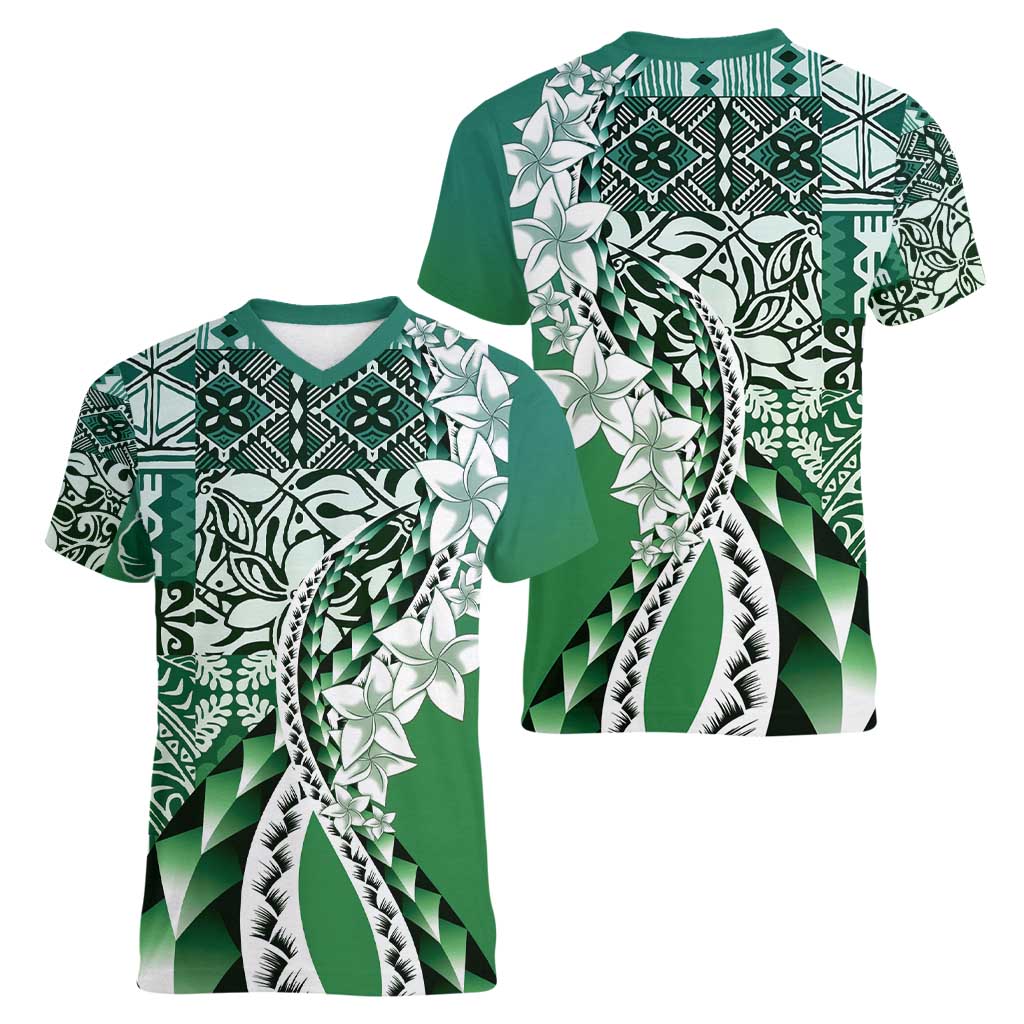 Aloha Vintage Plumeria Hawaiian Tapa Pattern Women V-Neck T-Shirt Green Hawaiian Tapa Pattern LT9 - Polynesian Pride
