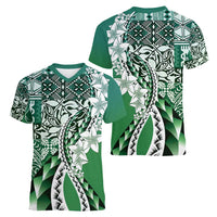 Aloha Vintage Plumeria Hawaiian Tapa Pattern Women V-Neck T-Shirt Green Hawaiian Tapa Pattern LT9 - Polynesian Pride