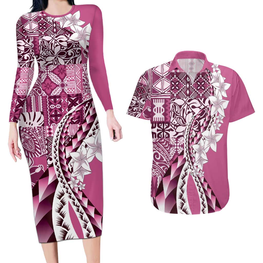 Aloha Vintage Plumeria Hawaiian Tapa Pattern Couples Matching Long Sleeve Bodycon Dress and Hawaiian Shirt Pink Hawaiian Tapa Pattern - Polynesian Pride