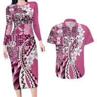 Aloha Vintage Plumeria Hawaiian Tapa Pattern Couples Matching Long Sleeve Bodycon Dress and Hawaiian Shirt Pink Hawaiian Tapa Pattern LT9 Pink - Polynesian Pride