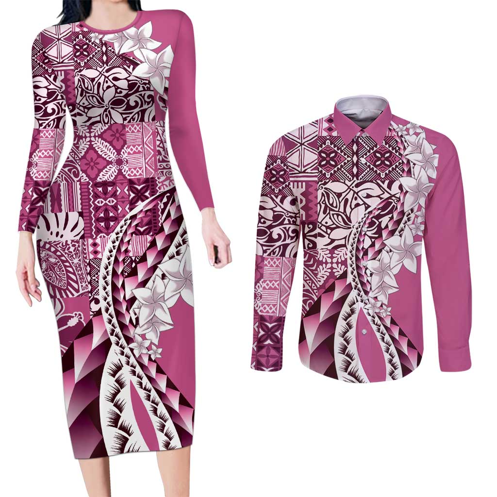 Aloha Vintage Plumeria Hawaiian Tapa Pattern Couples Matching Long Sleeve Bodycon Dress and Long Sleeve Button Shirt Pink Hawaiian Tapa Pattern LT9 Pink - Polynesian Pride