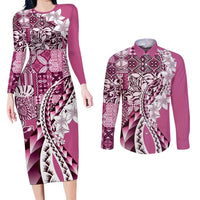 Aloha Vintage Plumeria Hawaiian Tapa Pattern Couples Matching Long Sleeve Bodycon Dress and Long Sleeve Button Shirt Pink Hawaiian Tapa Pattern LT9 Pink - Polynesian Pride