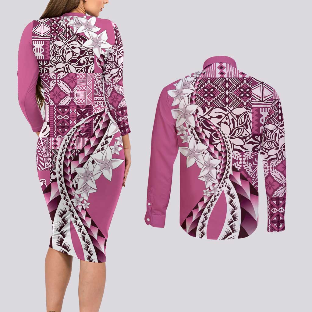 Aloha Vintage Plumeria Hawaiian Tapa Pattern Couples Matching Long Sleeve Bodycon Dress and Long Sleeve Button Shirt Pink Hawaiian Tapa Pattern LT9 - Polynesian Pride