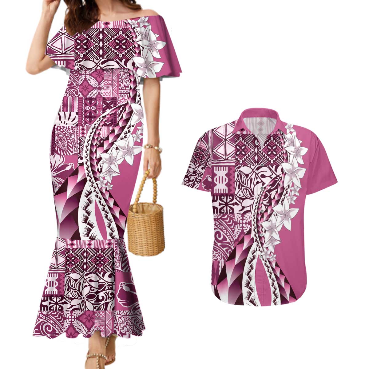 Aloha Vintage Plumeria Hawaiian Tapa Pattern Couples Matching Mermaid Dress and Hawaiian Shirt Pink Hawaiian Tapa Pattern LT9 Pink - Polynesian Pride