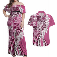Aloha Vintage Plumeria Hawaiian Tapa Pattern Couples Matching Off Shoulder Maxi Dress and Hawaiian Shirt Pink Hawaiian Tapa Pattern LT9 Pink - Polynesian Pride