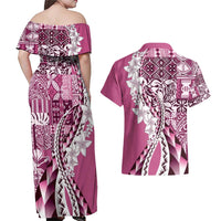 Aloha Vintage Plumeria Hawaiian Tapa Pattern Couples Matching Off Shoulder Maxi Dress and Hawaiian Shirt Pink Hawaiian Tapa Pattern LT9 - Polynesian Pride