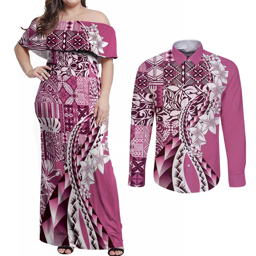 Aloha Vintage Plumeria Hawaiian Tapa Pattern Couples Matching Off Shoulder Maxi Dress and Long Sleeve Button Shirt Pink Hawaiian Tapa Pattern LT9 Pink - Polynesian Pride
