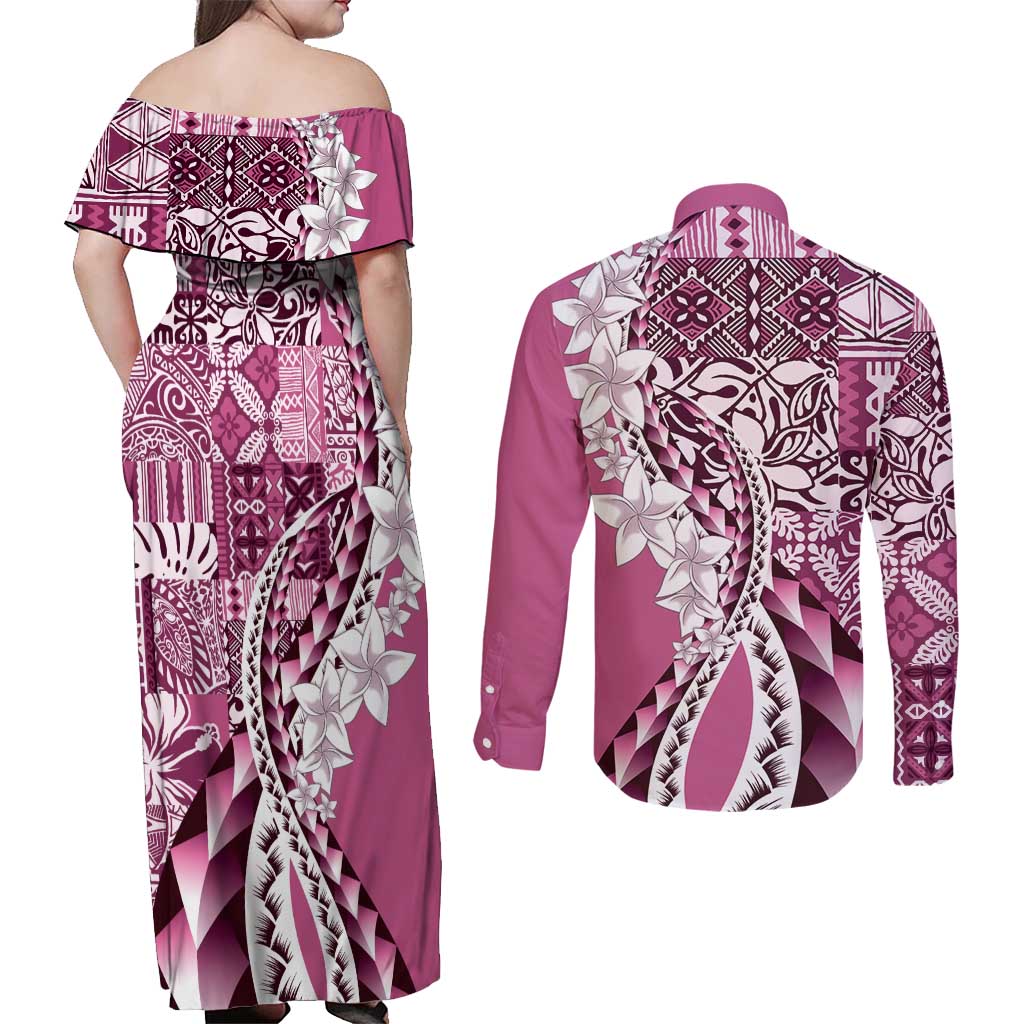 Aloha Vintage Plumeria Hawaiian Tapa Pattern Couples Matching Off Shoulder Maxi Dress and Long Sleeve Button Shirt Pink Hawaiian Tapa Pattern LT9 - Polynesian Pride