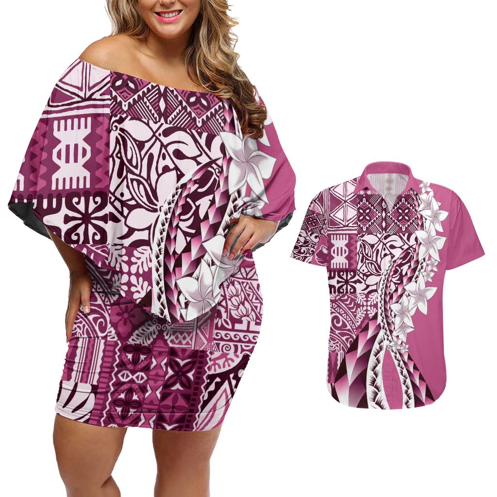Aloha Vintage Plumeria Hawaiian Tapa Pattern Couples Matching Off Shoulder Short Dress and Hawaiian Shirt Pink Hawaiian Tapa Pattern LT9 Pink - Polynesian Pride