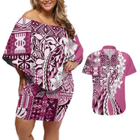 Aloha Vintage Plumeria Hawaiian Tapa Pattern Couples Matching Off Shoulder Short Dress and Hawaiian Shirt Pink Hawaiian Tapa Pattern LT9 Pink - Polynesian Pride