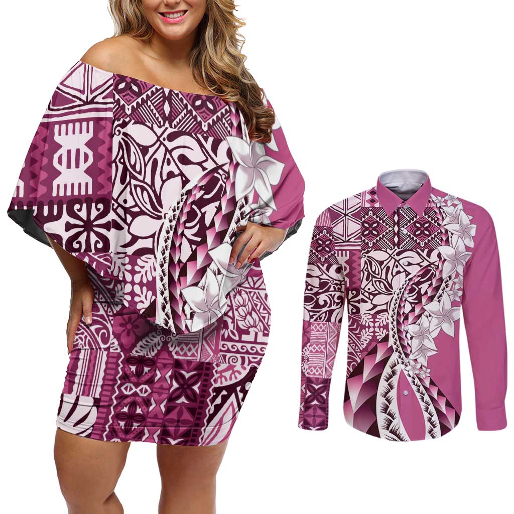 Aloha Vintage Plumeria Hawaiian Tapa Pattern Couples Matching Off Shoulder Short Dress and Long Sleeve Button Shirt Pink Hawaiian Tapa Pattern LT9 Pink - Polynesian Pride